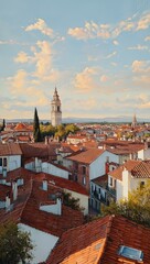 Fototapeta premium Panoramic Aerial View of European Cityscape with Red Clay Roofs and Church Spire