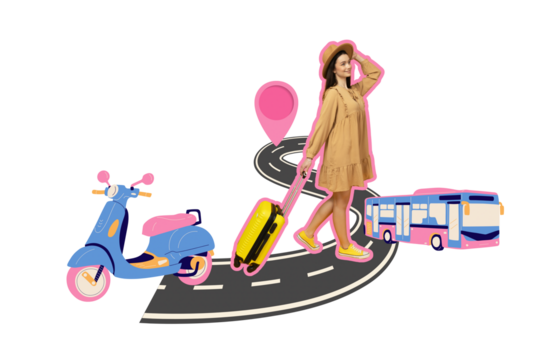 PNG, Poster Collage, girl with suitcase on the road, travel concept, isolated on white background.
