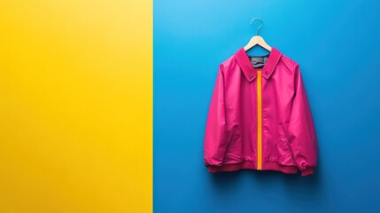 Pink jacket, hanging, vibrant backdrop, studio shot, fashion
