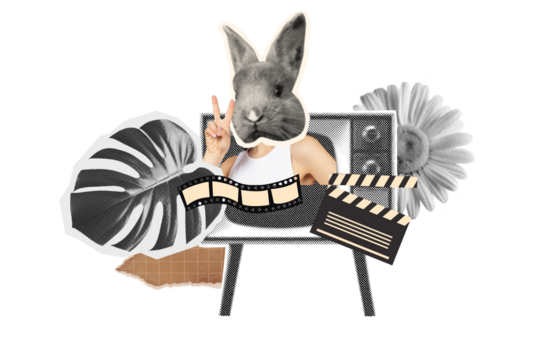 PNG, Poster Collage, rabbit head with human body showing peace gesture, isolated on white background. - Powered by Adobe