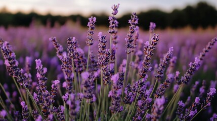 Obraz premium Vibrant purple lavender flowers in a field at sunset