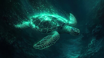 Obraz premium Glowing Sea Turtle Swimming Underwater with Light Rays and Dark Background
