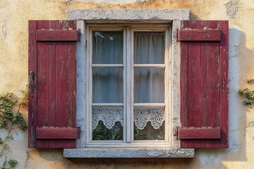 Vintage Window with Aged Maroon Shutters and White Frame Against Stucco Wall