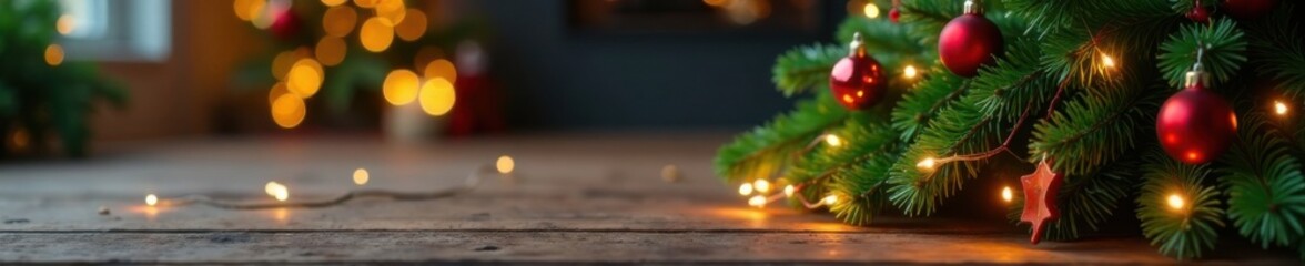 Obraz premium Christmas tree on wooden table with ornaments and lights, Holiday decor, Wooden furniture