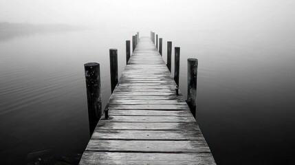 Fototapeta premium Misty Morning on the Lake: A Solitary Wooden Dock Extending into the Fog
