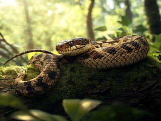 Coiled Snake Resting on Mossy Log in a Lush Forest Environment
