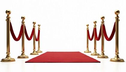 Red carpet event entrance. Golden stanchions with velvet ropes lead path. Ceremony, premiere, awards, gala, success. Luxury VIP entrance. Hollywood, show business, celebrity party.
