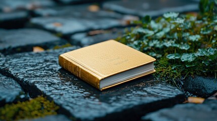 Closeup of a vintage golden page or document sealed onto a background of weathered, dark old bricks, creating a nostalgic and historical aesthetic.