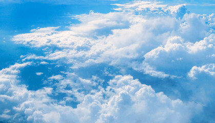 Tropical summer blue sky fluffy white cloud summertime on light sunny day cloudscape. Clear bright blue skyline spring sunlight climate background. Heaven blue environment ecology high scenic nature.