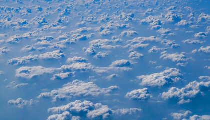 Tropical summer blue sky fluffy white cloud summertime on light sunny day cloudscape. Clear bright blue skyline spring sunlight climate background. Heaven blue environment ecology high scenic nature.