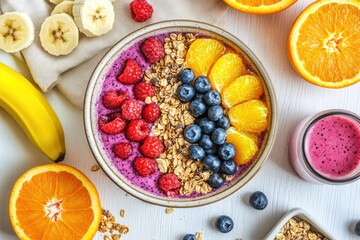 Colorful breakfast bowl with smoothie, granola, fruit