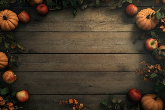 Rustic autumnal wooden table, decorated with pumpkins and apples, autumn leaves, creating a warm, fall theme