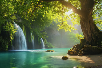 Waterfall Surrounded by Lush Greenery and Rocks