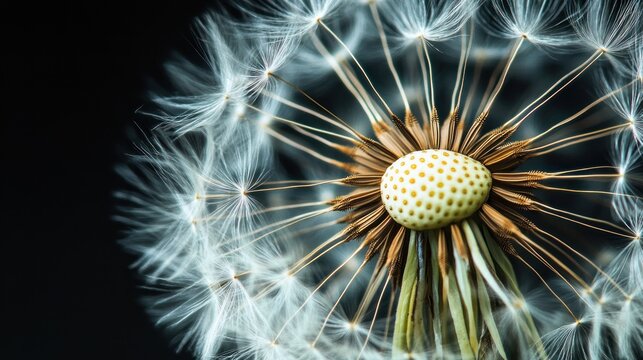 Close-up of a dandelion seed head with delicate, white seeds radiating outwards from a central, brown seed pod.