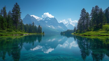Fototapeta premium Calm mountain lake reflecting snow-capped peaks under a vibrant blue sky.