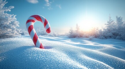 Christmas Candy Cane in Winter Snowy Landscape with Blue Sky and Sun