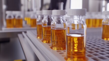 Amber liquid bottles on conveyor belt in sterile factory