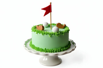 Delightful Golf-Themed Birthday Celebration Cake, A Sweet Hole-in-One for a Special Golfer's Milestone, Featuring Playful Golf Club and Ball Decorations on a Vibrant Green Pastry