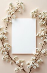 Fototapeta premium Blank invitation card mockup with delicate gypsophila plant twigs on beige background. Modern design for wedding or greeting cards. Copy space for message, date, wish, love.