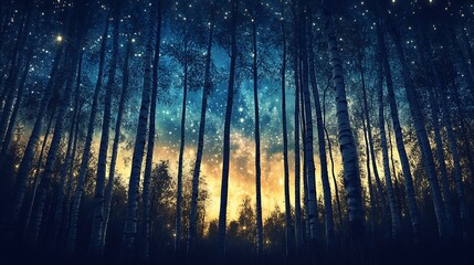 A starlit forest scene with birch trees silhouetted against a dreamy, glowing night sky.