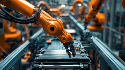 Fototapeta premium Automated Industrial Production Line with Orange Robotic Arms