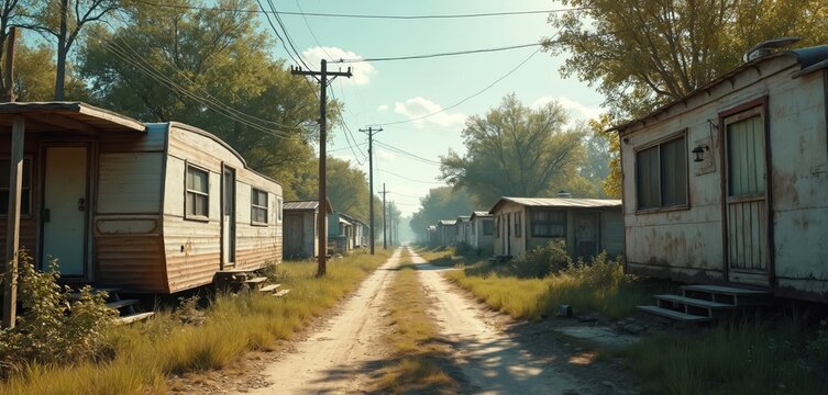 Dilapidated trailer park road. Poverty, poor housing, run-down trailers, old homes. Dirt road between trailers, overgrown grass. Socioeconomic issues, rural America, housing crisis, financial