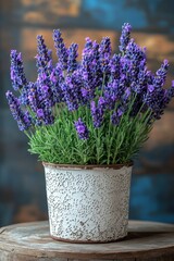 Fototapeta premium Lavender Rustic Still Life Bouquet in Metal Pot with Brick Wall Background