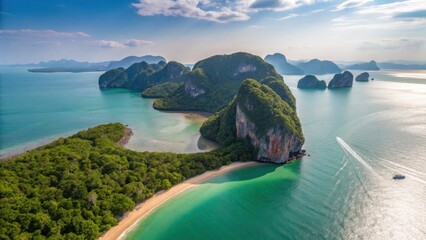 Khao Lak Beach Phang Nga Thailand Andaman Sea Aerial view of lush islands surrounded by turquoise waters under a bright sky.