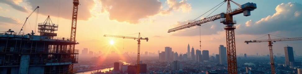 Construction site with cranes and scaffolding, concrete, machinery