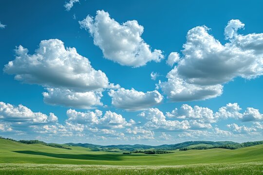 Bright blue sky with fluffy clouds over vast green rolling hills, creating a serene and peaceful landscape.