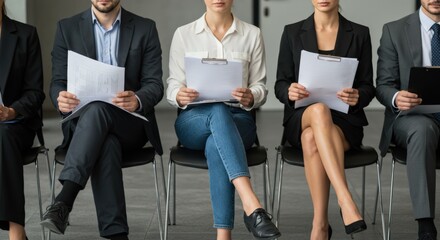 A Diverse Group of Job Applicants Sitting in a Waiting Area for an Interview, Showcasing Different Ages, Genders, and Attire in a Modern Office Environment