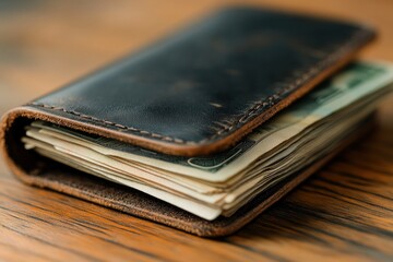 Obraz premium Leather Wallet with Cash Bills on Wooden Surface