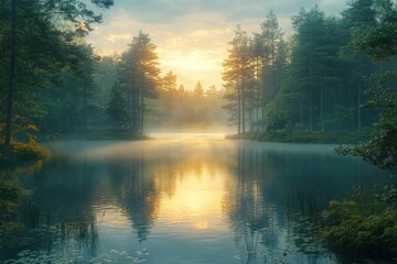 Obraz premium Serene Forest Lake During Misty Sunrise with Glowing Sunlight