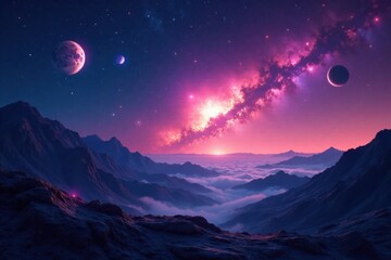 Cosmic landscape of Milky Way galaxy with stars and planets, space, planets