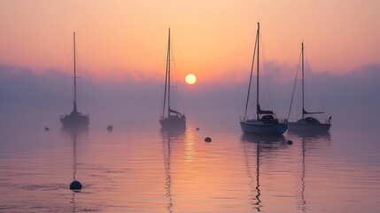 Misty Sunrise over Calm Lake with Sailboats