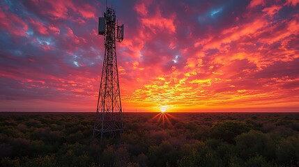 Vibrant sunrise over flat landscape with telecommunication tower.