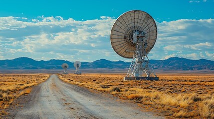 Desert landscape with large satellite dishes.