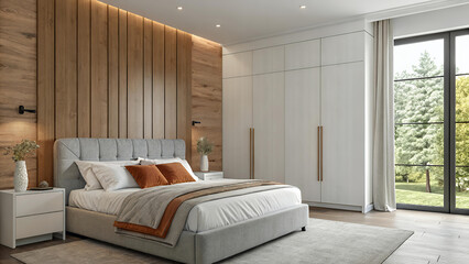 Modern Minimalist Bedroom with Grey Bed, Wooden Panels, and Natural Light
