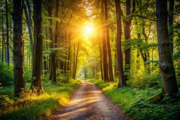 Obraz premium Sunlit Path Through Forest Trees
