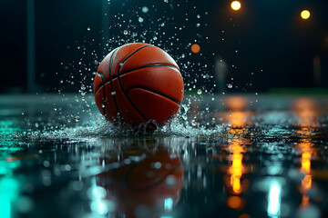 Dynamic Basketball Moment, A High-Definition Shot of a Ball Splashing in Water, Capturing the Essence of Sport, Motion, and Dramatic Atmospheric Conditions