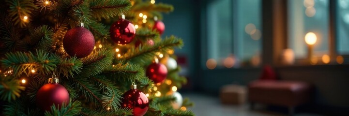 Cozy Christmas tree with ornaments and garlands , tree, snowflake