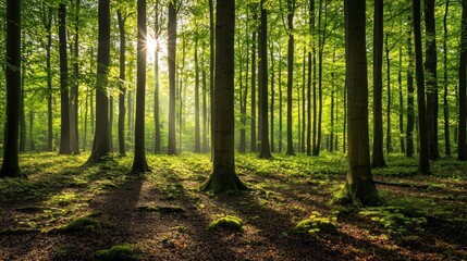 Naklejka premium Sunlit Forest Path: A Serene Morning in the Woods