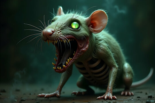 Eerie Radioactive Rodent, A Decrepit Zombie Rat with Glowing Eyes Embodying Decay and Horror within a Post-Apocalyptic Scenario Depicting Mutation and the Grotesque