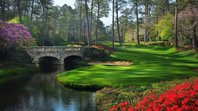 Serene Augusta National Golf Course: Iconic Bridge and Lush Greenery