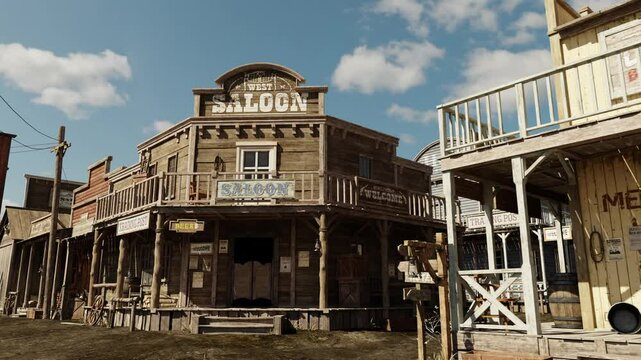 4k animation rendering of an empty street in an old wild west town with wooden buildings.
