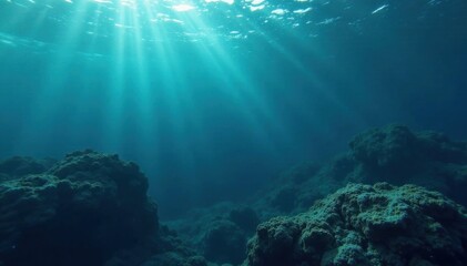 Dark blue ocean surface reflection with seaweed swaying gently in the water, blue ocean, aquatic life