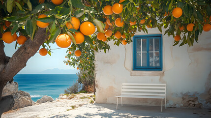 White house with blue shutters and blue door with orange tree in garden with sea in background. Greek house with beautiful view