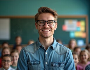 Fototapeta premium Smiling teacher, wearing glasses, stands in front of classroom full of pupils. Happy educator, presenter, mentor. Education, learning concept. Inspiring, confident male in formal casual shirt.