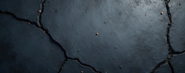 Obraz premium Dark grey concrete background with cracks and pebbles, urban landscape, black stone wall