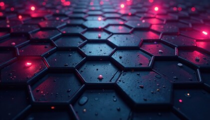 Obraz premium Dark grey hexagonal metal grid with soft neon lights creating a modern urban atmosphere, industrial, metallic, urban